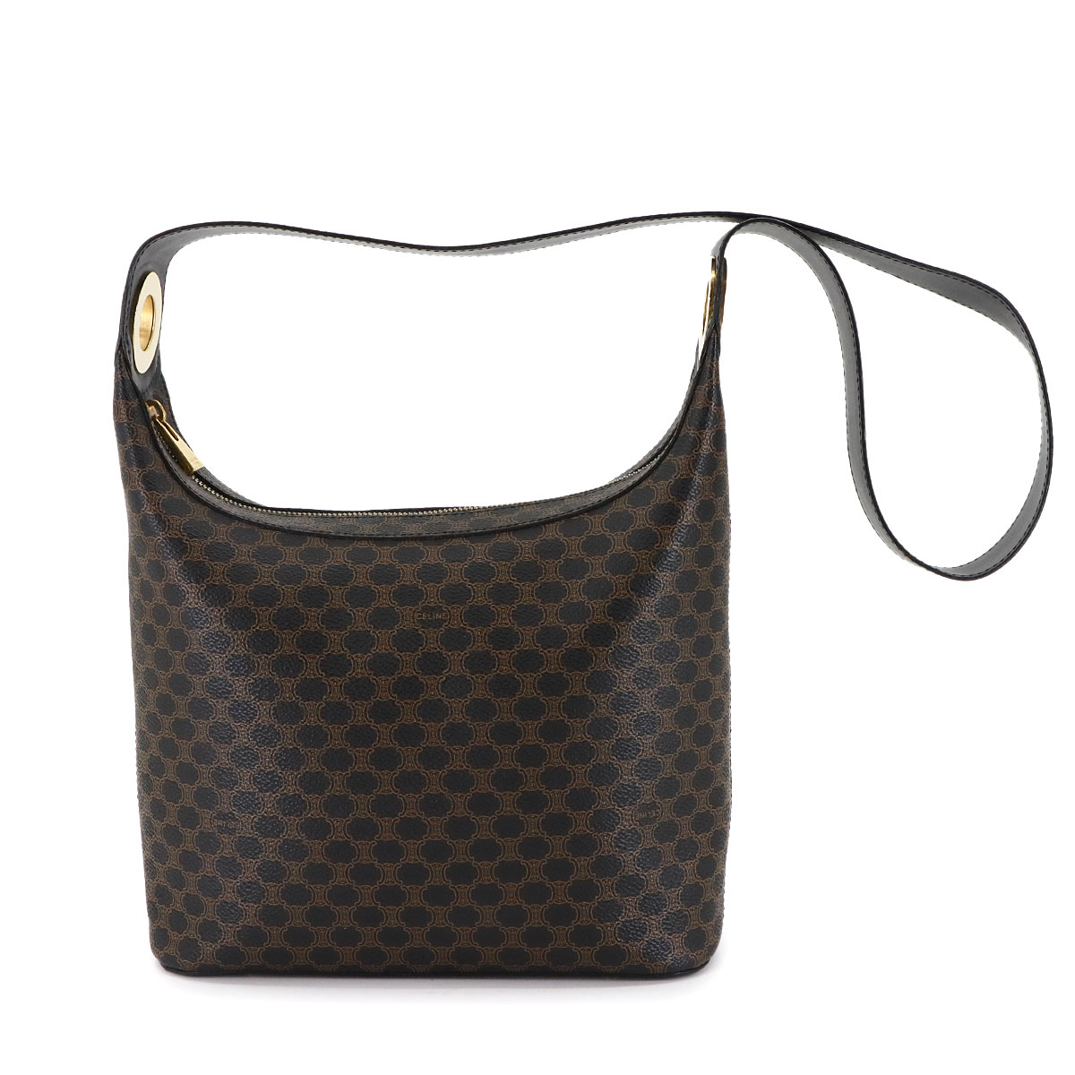 CELINE マカダム ワンショルダー バッグ PVC レザー ブラック ブラウン ゴールド 金具 ヴィンテージ Macadam Shoulder Bag セリーヌ 90301217
