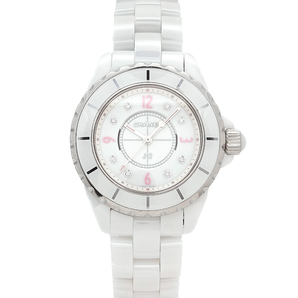 CHANEL J12 33mm ピンクライト H4863 世界限定1200本 レディース 腕時計 8P ダイヤ ホワイト セラミック クォーツ ウォッチ シャネル 90303455