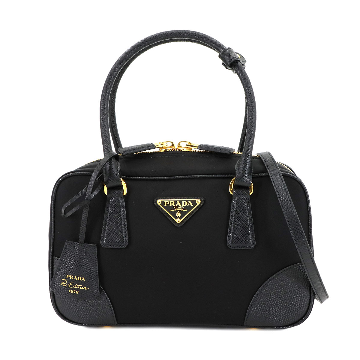 PRADA Re-Edition 1978 ダブルハンドル 2way ハンド ショルダー バッグ ナイロン サフィアーノレザー ブラック ゴールド 金具 Two Handle Bag プラダ 90294422