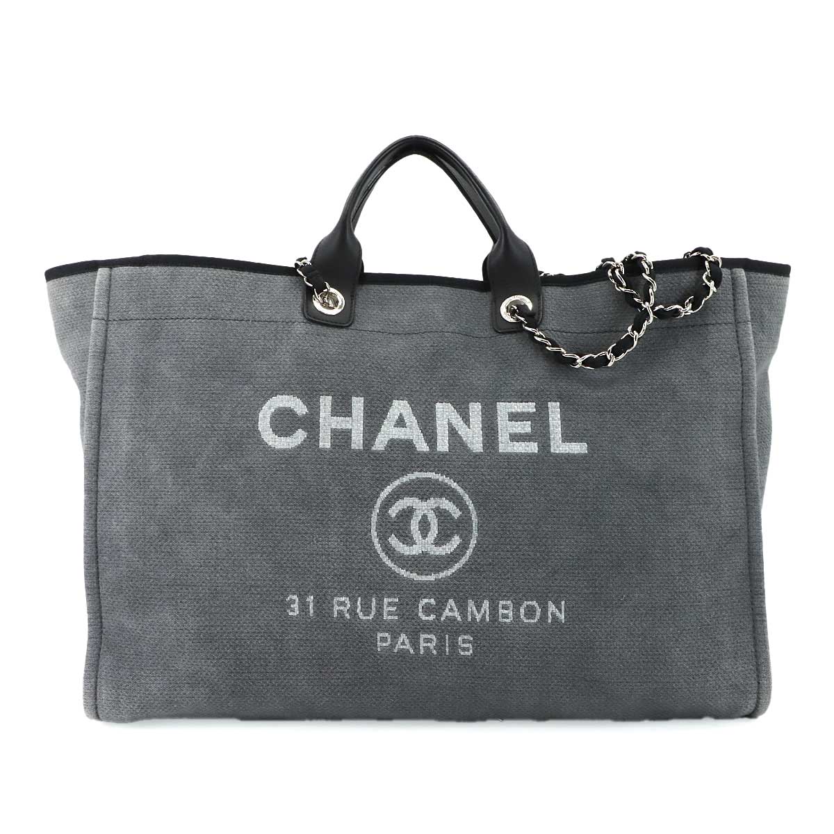 CHANEL ドーヴィル TGM 2way トート チェーン ショルダー バッグ キャンバス レザー グレー ブラック Deauville Bag シャネル 90296712