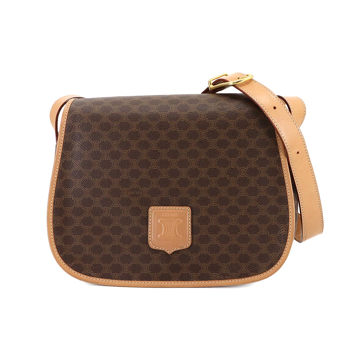CELINE マカダム ショルダー バッグ PVC レザー ブラウン ゴールド 金具 ヴィンテージ Macadam Shoulder Bag セリーヌ 90303219
