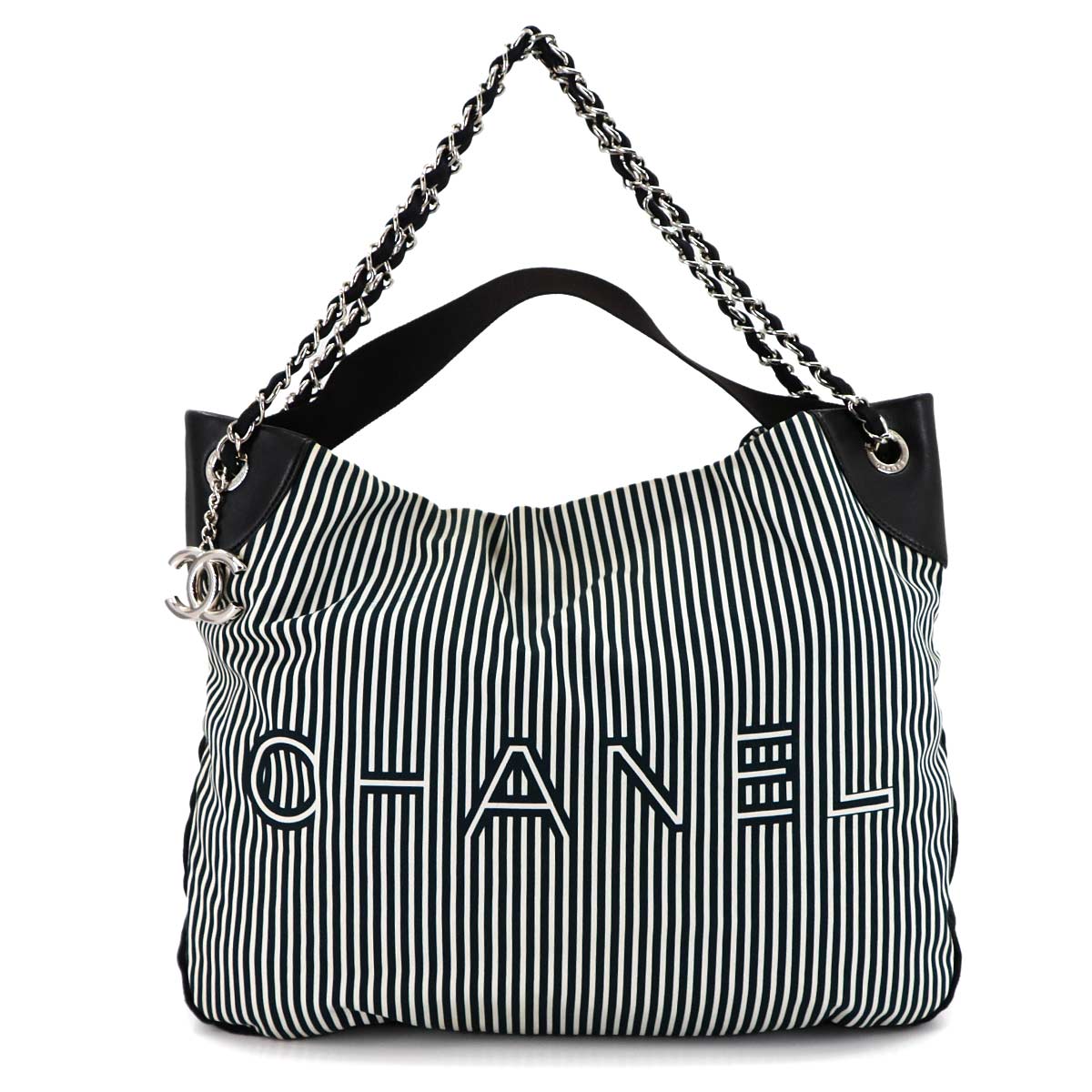 CHANEL ストライプ 2way チェーン トート ショルダー バッグ キャンバス レザー ブラック ホワイト シルバー 金具 Tote Shoulder Bag シャネル 90286275