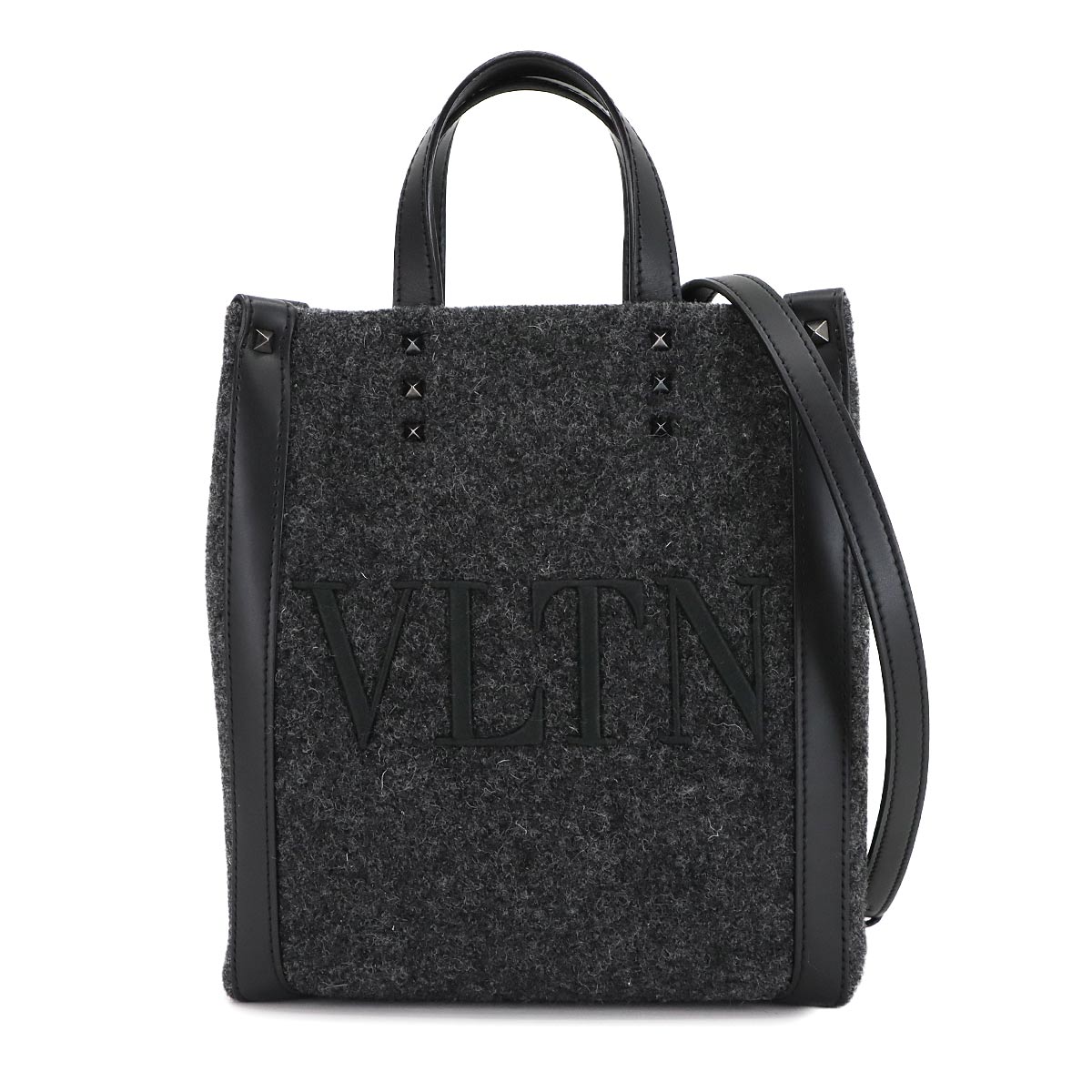 VALENTINO GARAVANI VLTN ロゴ ミニ 2way トート ショルダー バッグ フェルト レザー グレー ブラック B0B78BZN VLTN Bag ヴァレンティノ ガラヴァーニ 90301508