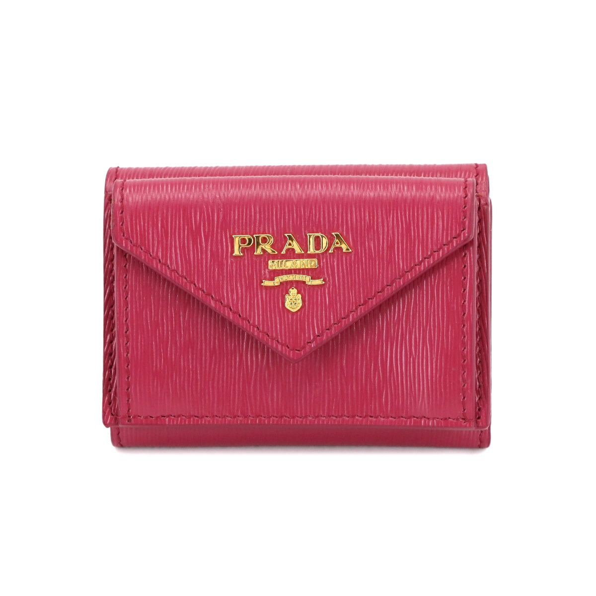 PRADA 三つ折り コンパクト 財布 レザー イビスコ ピンク 1MH021 ゴールド 金具 Wallet プラダ 90304197