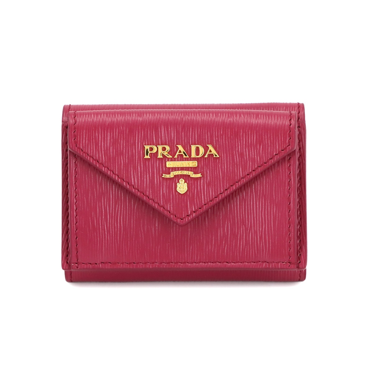 PRADA 三つ折り コンパクト 財布 レザー イビスコ ピンク 1MH021 ゴールド 金具 Wallet プラダ 90304198
