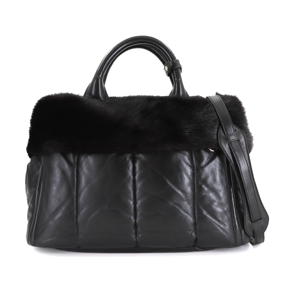 PRADA 2way トート ショルダー バッグ レザー ファー ブラック Tote Shoulder Bag プラダ 90281999