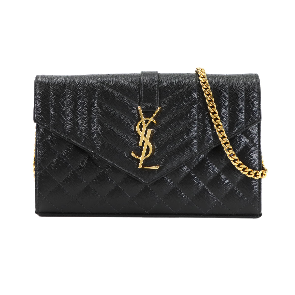 SAINT LAURENT カサンドラ エンベロープ チェーン ウォレット 長財布 レザー ブラック 620280 ゴールド 金具 Cassandre Chain Wallet サンローラン 90294486