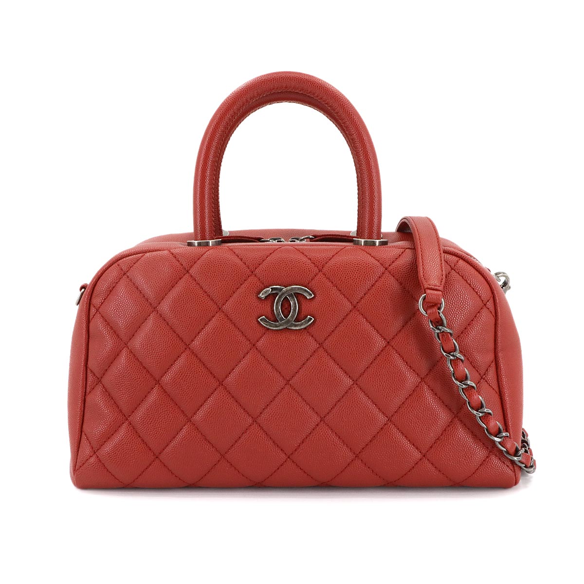 CHANEL マトラッセ ミニ ボストン 2way ハンド ショルダー バッグ キャビアスキン レッド シルバー 金具 Matelasse Bag シャネル 90304556