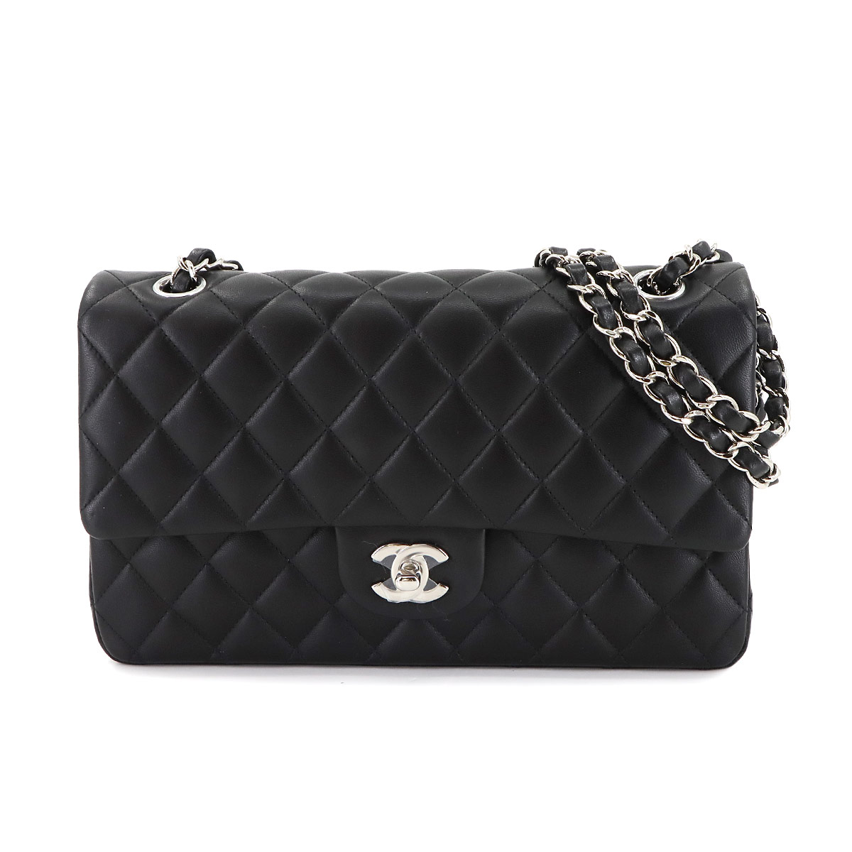 CHANEL マトラッセ 25 チェーン ショルダー バッグ ラムスキン ブラック A01112 シルバー 金具 Matelasse Bag シャネル 90304800