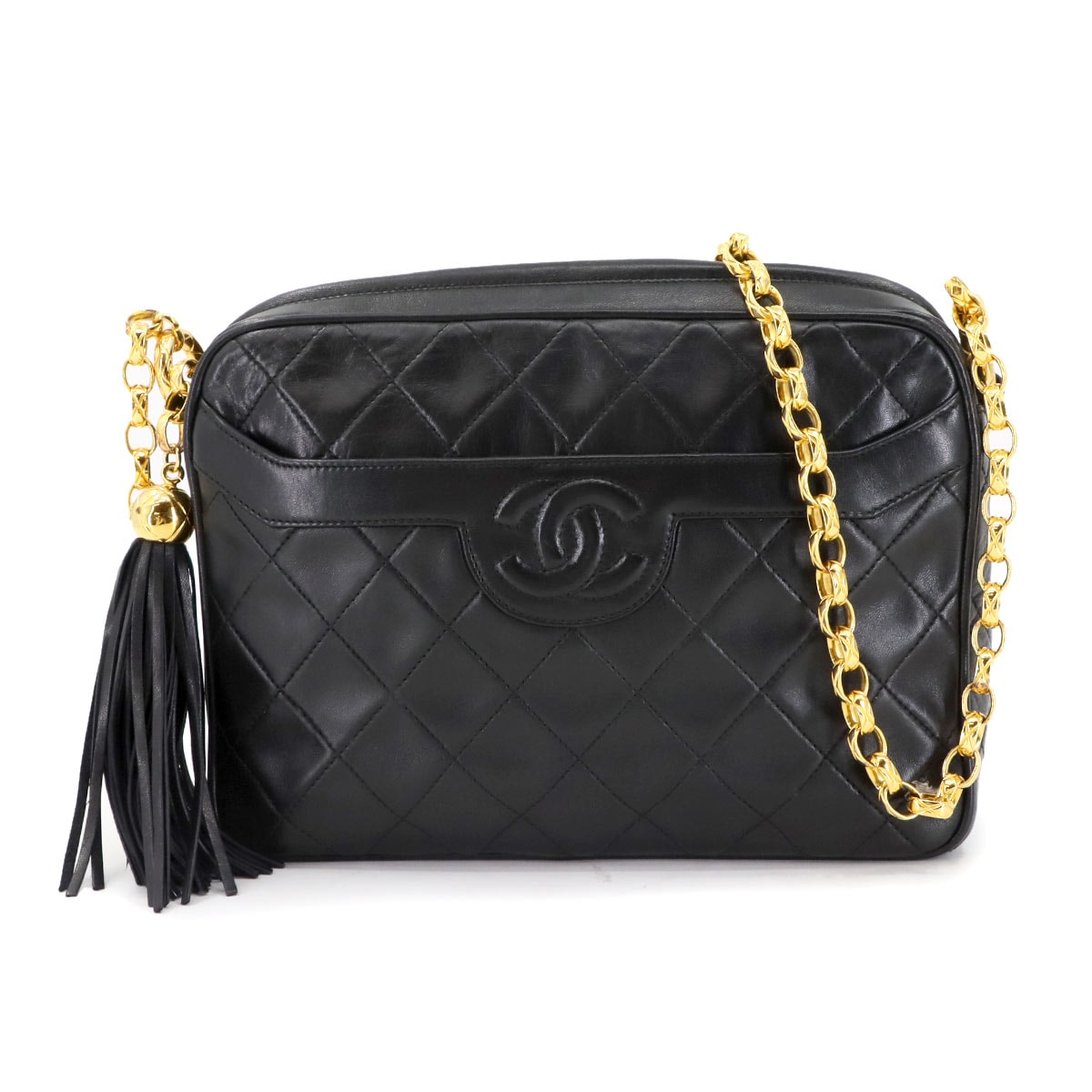 CHANEL マトラッセ ビジュー チェーン ショルダー バッグ フリンジ ラムスキン ブラック ゴールド 金具 ヴィンテージ Matelasse Shoulder Bag シャネル 90304515