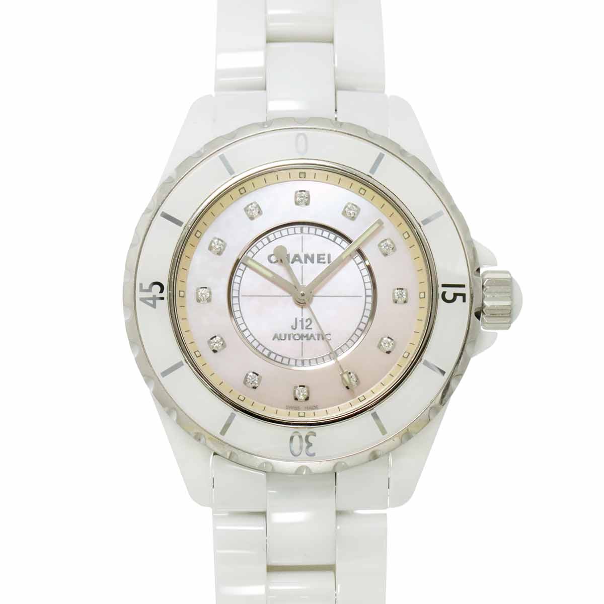 CHANEL J12 38mm H5514 世界1200本限定 メンズ 腕時計 12P ダイヤ ピンクシェル ホワイト セラミック 自動巻き ウォッチ シャネル 90305259