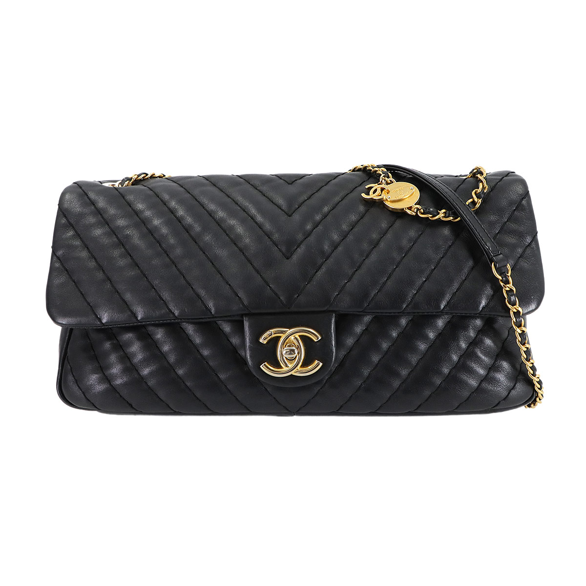 CHANEL ビジュー チェーン ショルダー バッグ ラムスキン ブラック