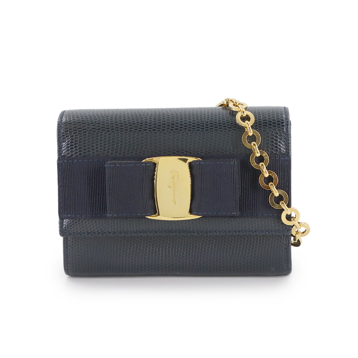 Salvatore Ferragamo ヴァラリボン チェーン ショルダー バッグ レザー ネイビー AQ-213202 Shoulder Bag サルヴァトーレ フェラガモ 90305746