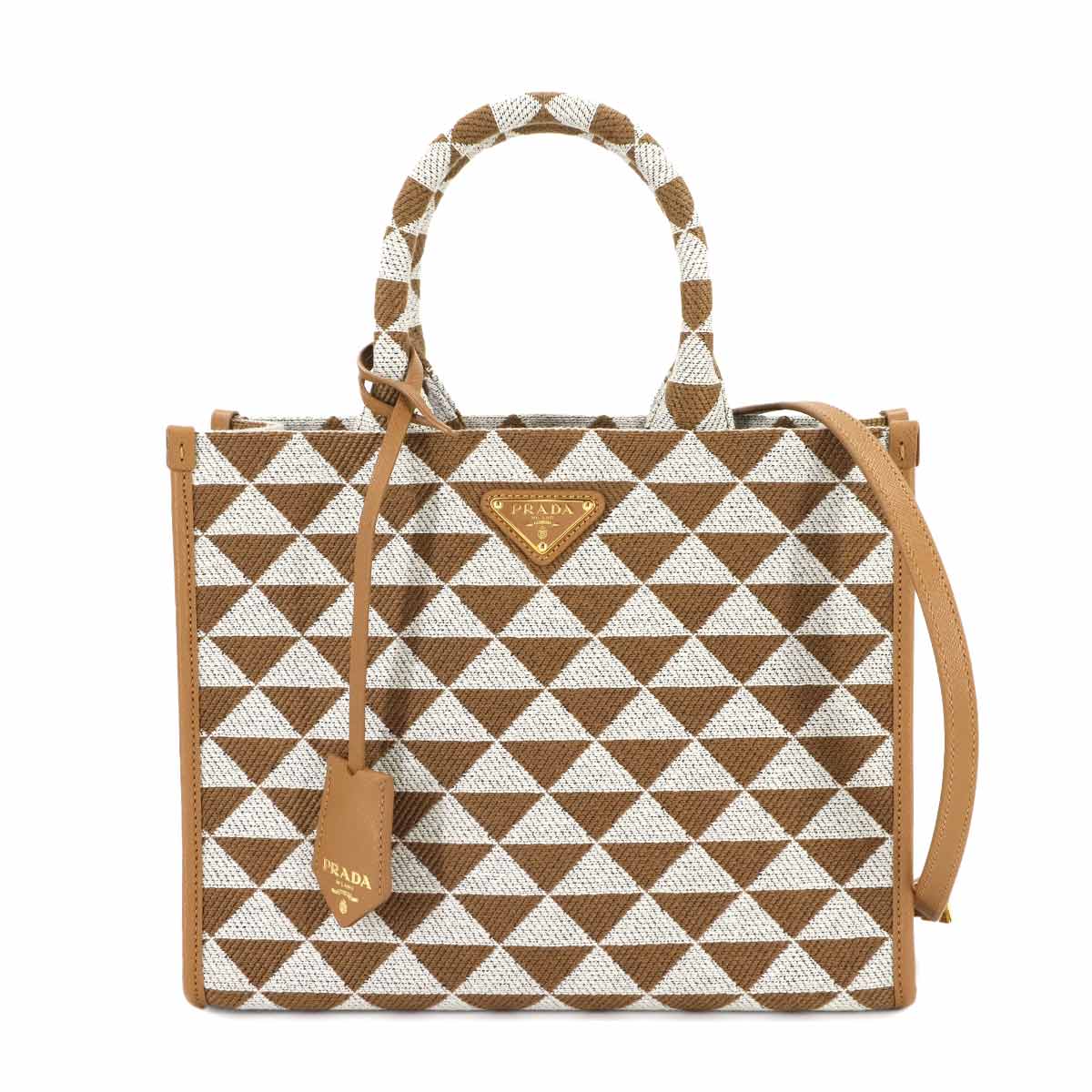 PRADA シンボル エンブロイダリー スモール 2way トート ショルダー バッグ キャンバス レザー ブラウン ホワイト 1BA354 ゴールド 金具 Symbol Small Bag プラダ 90306019