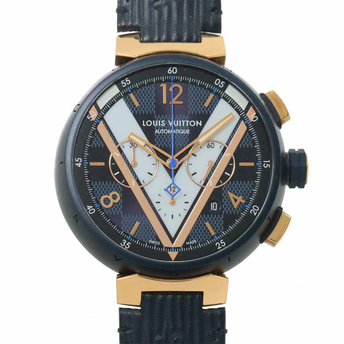 LOUIS VUITTON タンブール クロノグラフ ダミエ コバルト V QA090 メンズ 腕時計 デイト K18PG ピンクゴールド オートマ 自動巻き Tambour ルイ ヴィトン 90250217