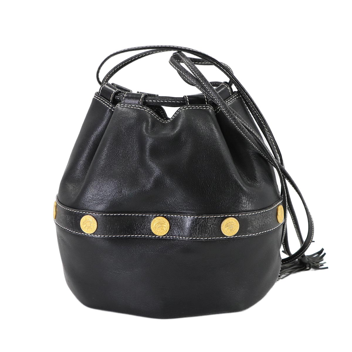 CELINE 巾着 ショルダー バッグ レザー ブラック ゴールド 金具 フリンジ ヴィンテージ Shoulder Bag セリーヌ 90306494