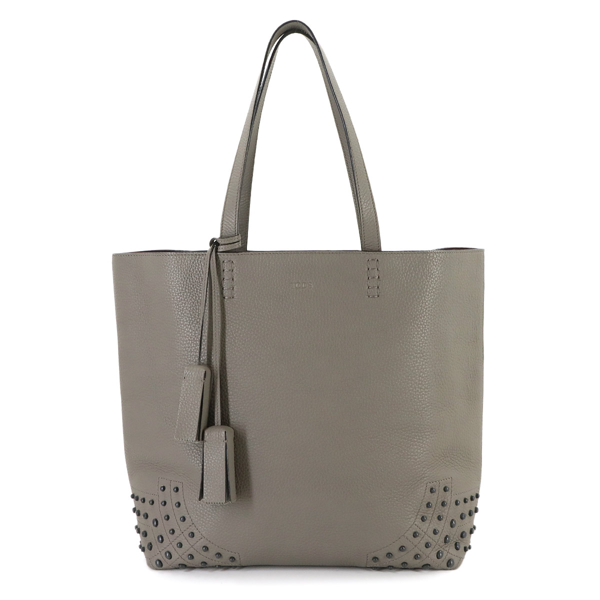 TOD'S ウェーブ トート バッグ レザー グレー スタッズ タッセル Tote Bag トッズ 90305424