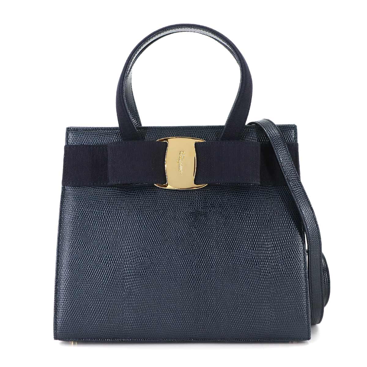 Salvatore Ferragamo ヴァラリボン 2way ハンド ショルダー バッグ レザー ネイビー 214178 Vara Hand Shoulder Bag サルヴァトーレ フェラガモ 90305695