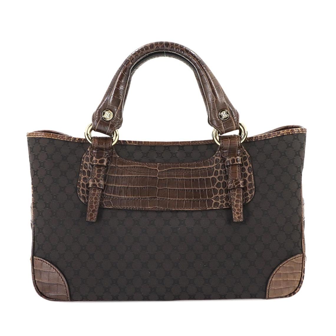 CELINE マカダム ハンド バッグ キャンバス レザー ベージュ ブラウン  