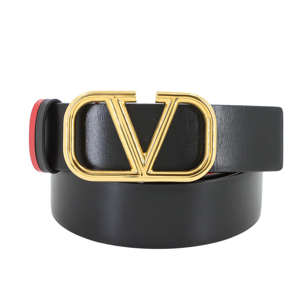 VALENTINO GARAVANI Vロゴ リバーシブル ベルト レザー ブラック レッド 75 ZW2T0Z11ZFR ゴールド 金具 Belt グッチ 90307525