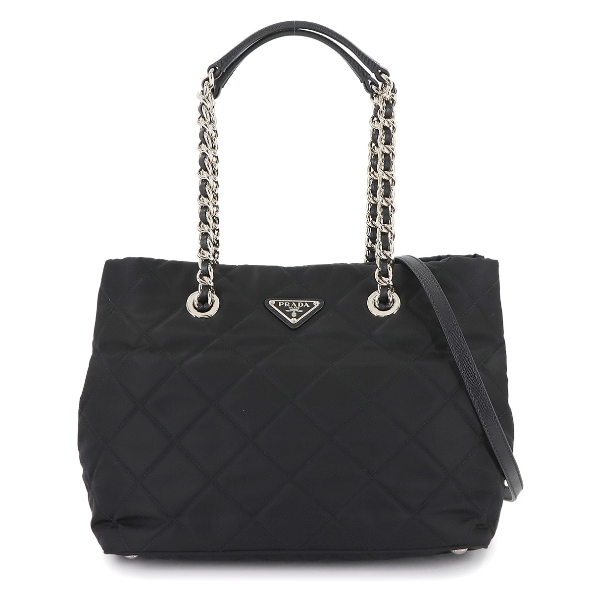 PRADA 2way トート ショルダー バッグ ナイロン サフィアーノレザー ネロ 1BG740 シルバー 金具 Tote Shoulder Bag プラダ 90306373