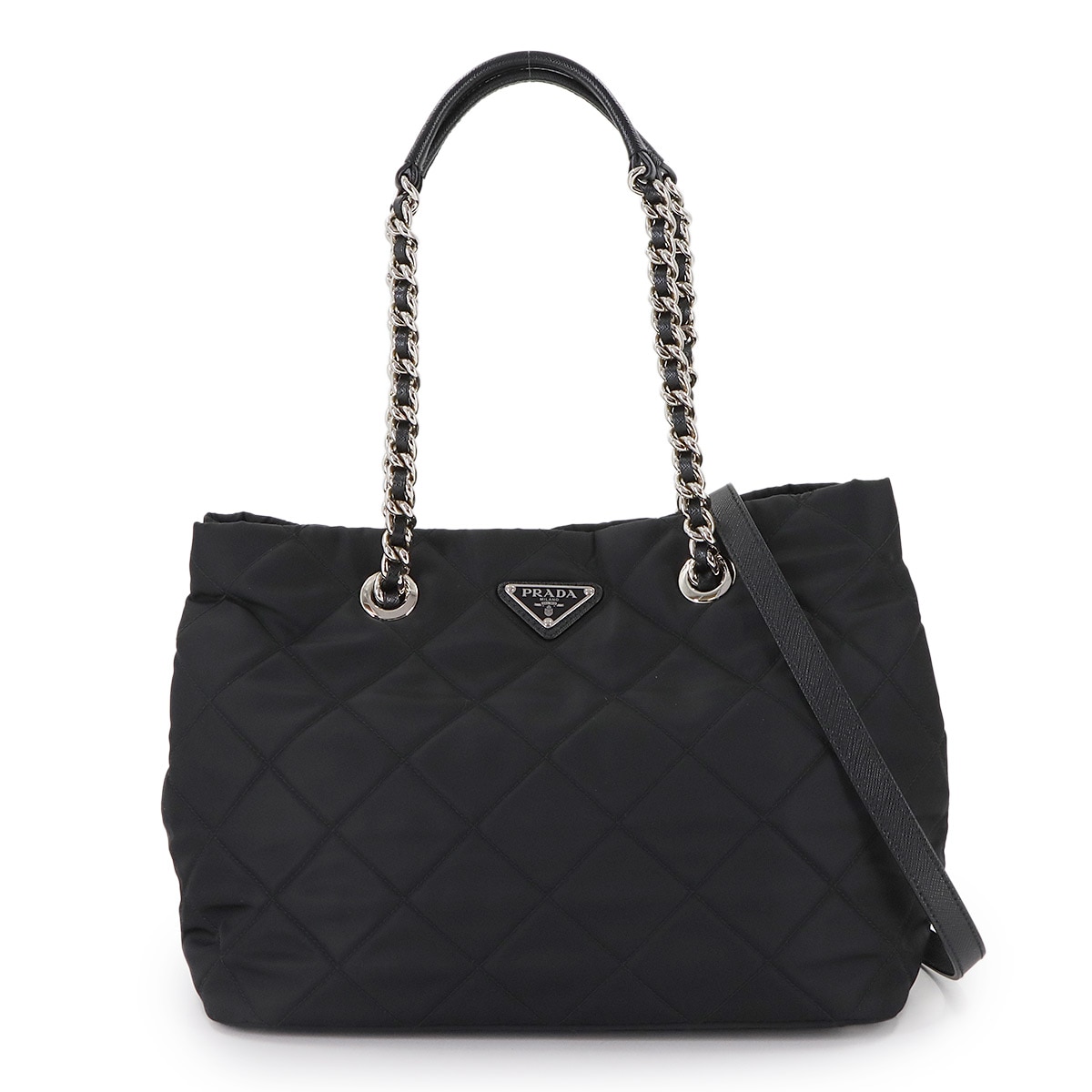 PRADA 2way トート ショルダー バッグ ナイロン サフィアーノレザー ネロ 1BG740 シルバー 金具 Tote Shoulder Bag プラダ 90307324