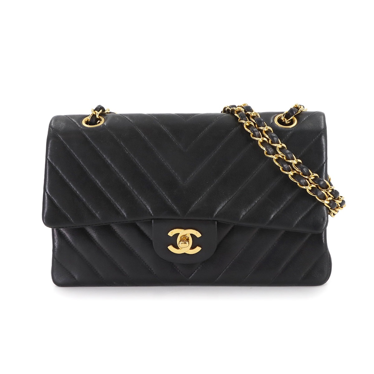 CHANEL シェブロン Vステッチ チェーン ショルダー バッグ ラムスキン ブラック A01112 ゴールド 金具 ヴィンテージ Chevron Bag シャネル 90307092