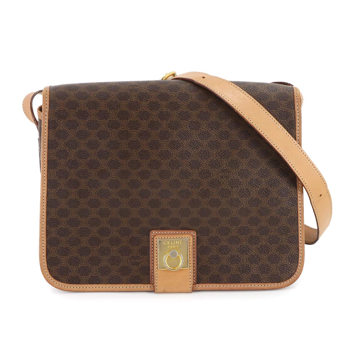 CELINE マカダム ショルダー バッグ PVC レザー ブラウン ゴールド 金具 ヴィンテージ Macadam Shoulder Bag セリーヌ 90307878