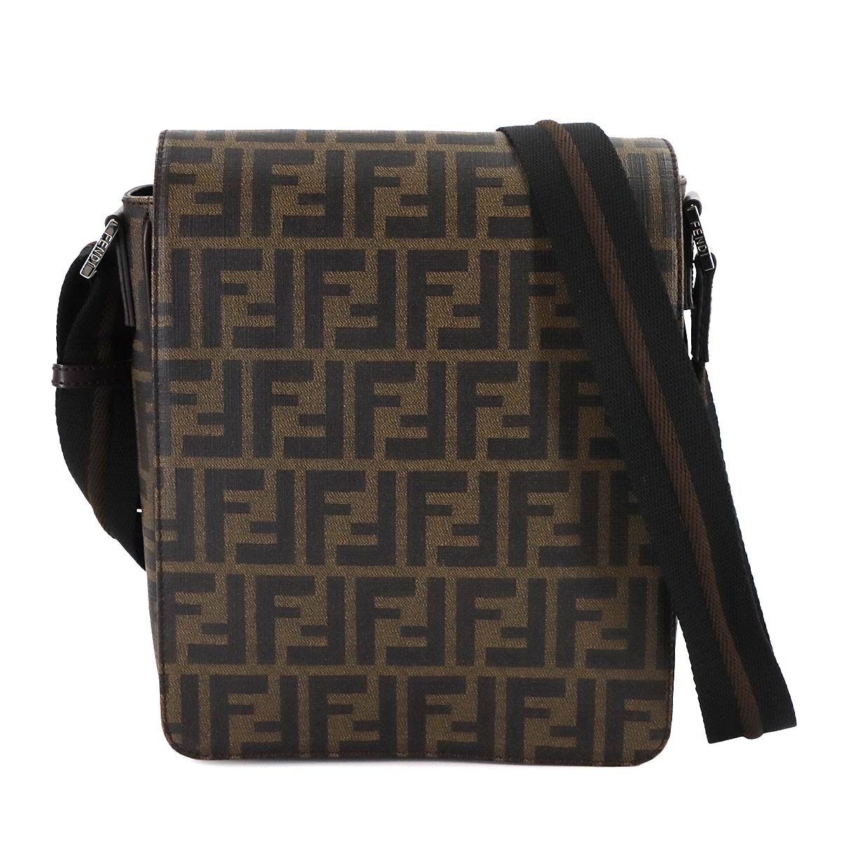 FENDI ズッカ ショルダー メッセンジャー バッグ PVC ブラウン ブラック 7VA215 シルバー 金具 Zucca Shoulder Bag フェンディ 90308437