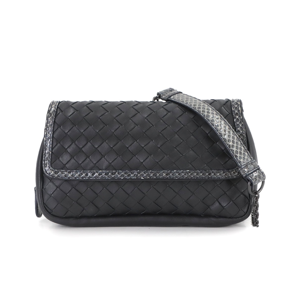 BOTTEGA VENETA イントレチャート チェーン ショルダー バッグ レザー パイソン ブラック ガンメタ 金具 Shoulder Bag ボッテガ ヴェネタ 90308263