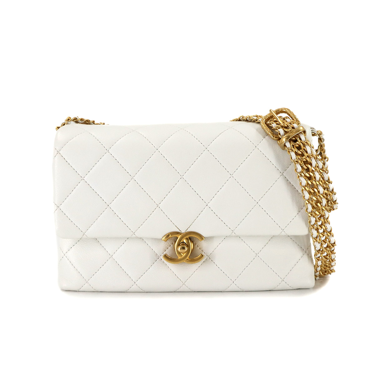 CHANEL マトラッセ チェーン ショルダー バッグ カーフスキン レザー ホワイト ゴールド 金具 Matelasse Bag シャネル 90306056