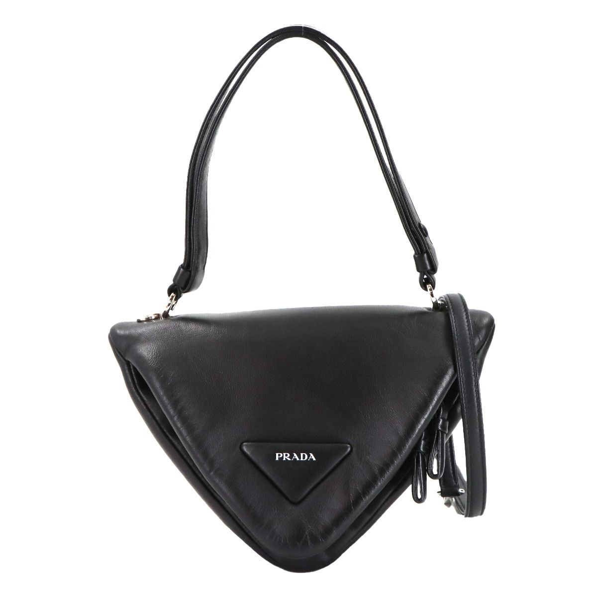 PRADA トライアングル 2way ハンド ショルダー バッグ レザー ブラック 1BA315 パデット シルバー 金具 Triangle Shoulder Bag プラダ 90307152
