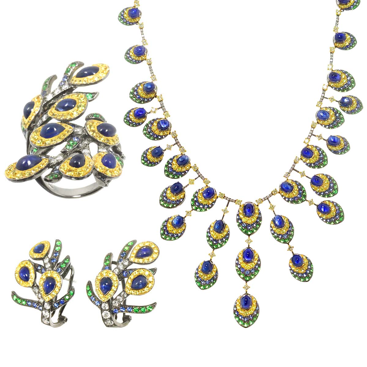 サファイヤ ガーネット ダイヤ K18 YG ネックレス リング ピアス 3点セット イエローゴールド 750 【鑑別書付き】 Necklace 90310846