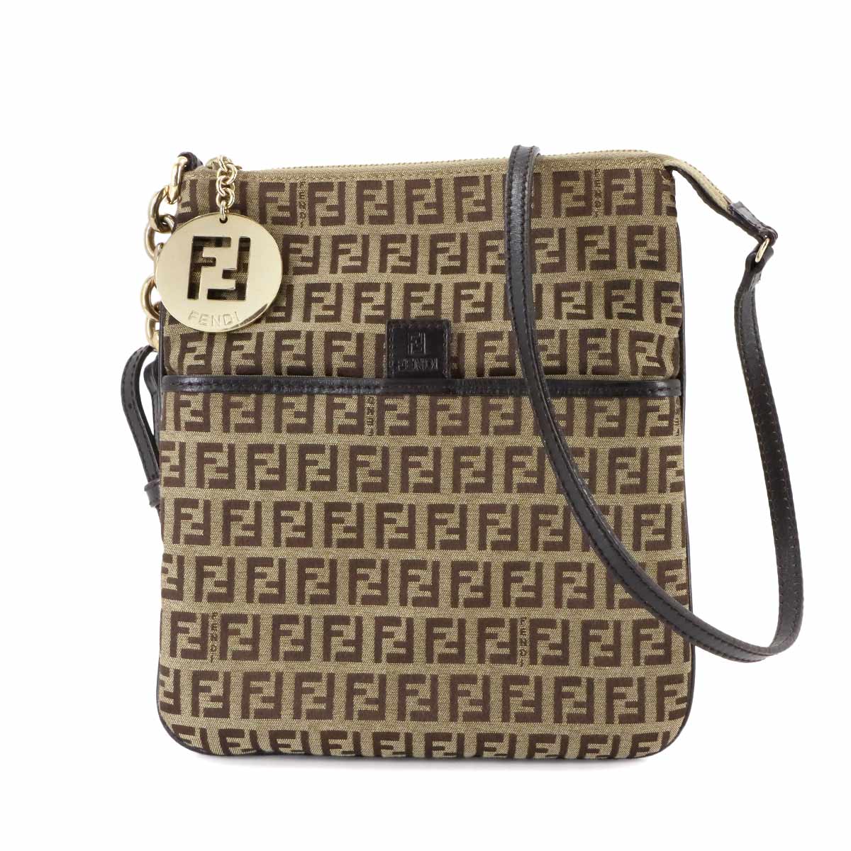 FENDI ズッキーノ ショルダー バッグ キャンバス レザー ベージュ ブラウン 8BT150 ゴールド 金具 Zucchino Bag フェンディ 90308422