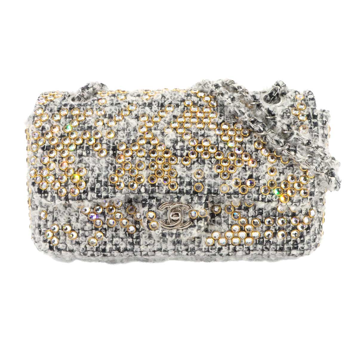 CHANEL チェーン ショルダー バッグ ツイード ラインストーン グレー ゴールド シルバー 金具 Chain Shoulder Bag シャネル 90308591
