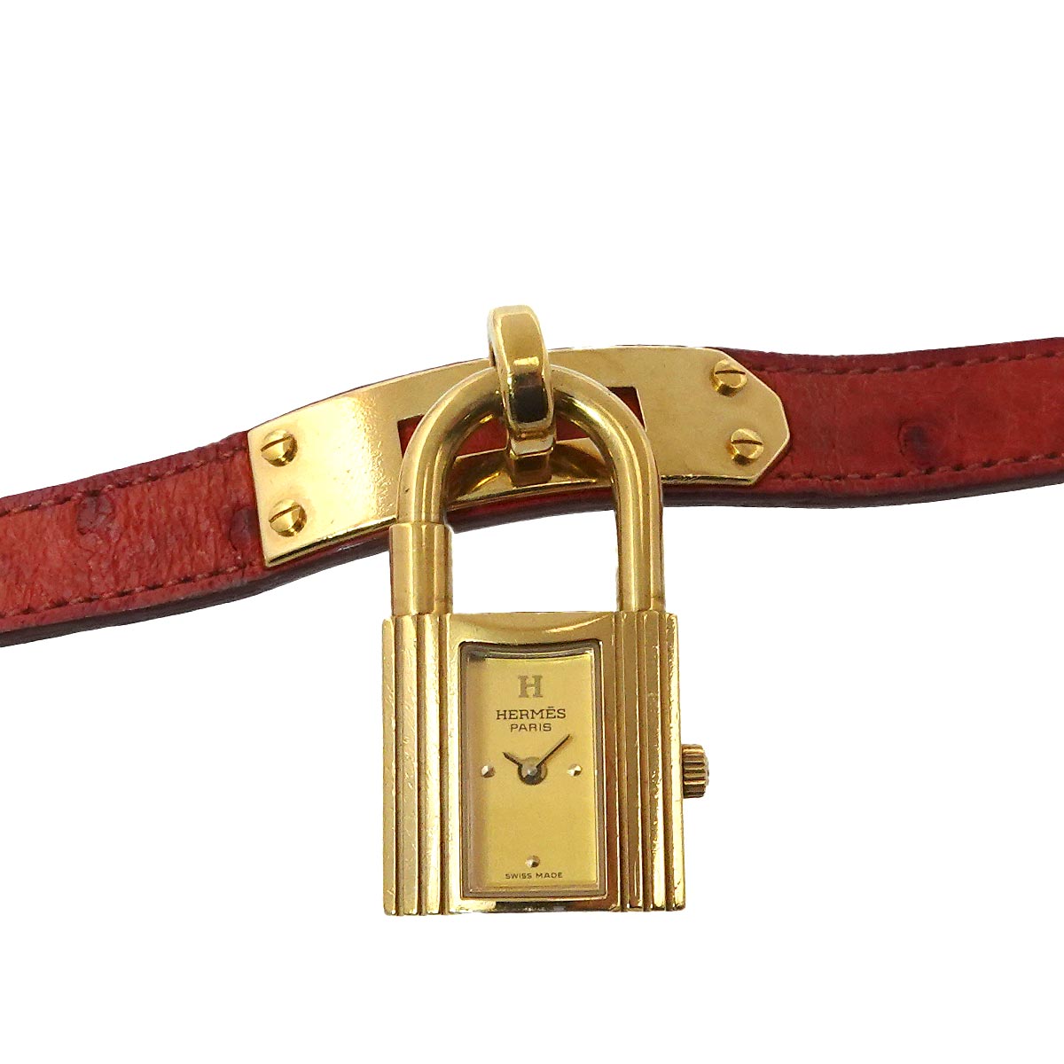 HERMES ケリーウォッチ ヴィンテージ レディース 腕時計 オーストリッチ レッド ゴールド クォーツ ウォッチ カデナ Kelly Watch エルメス 90311039