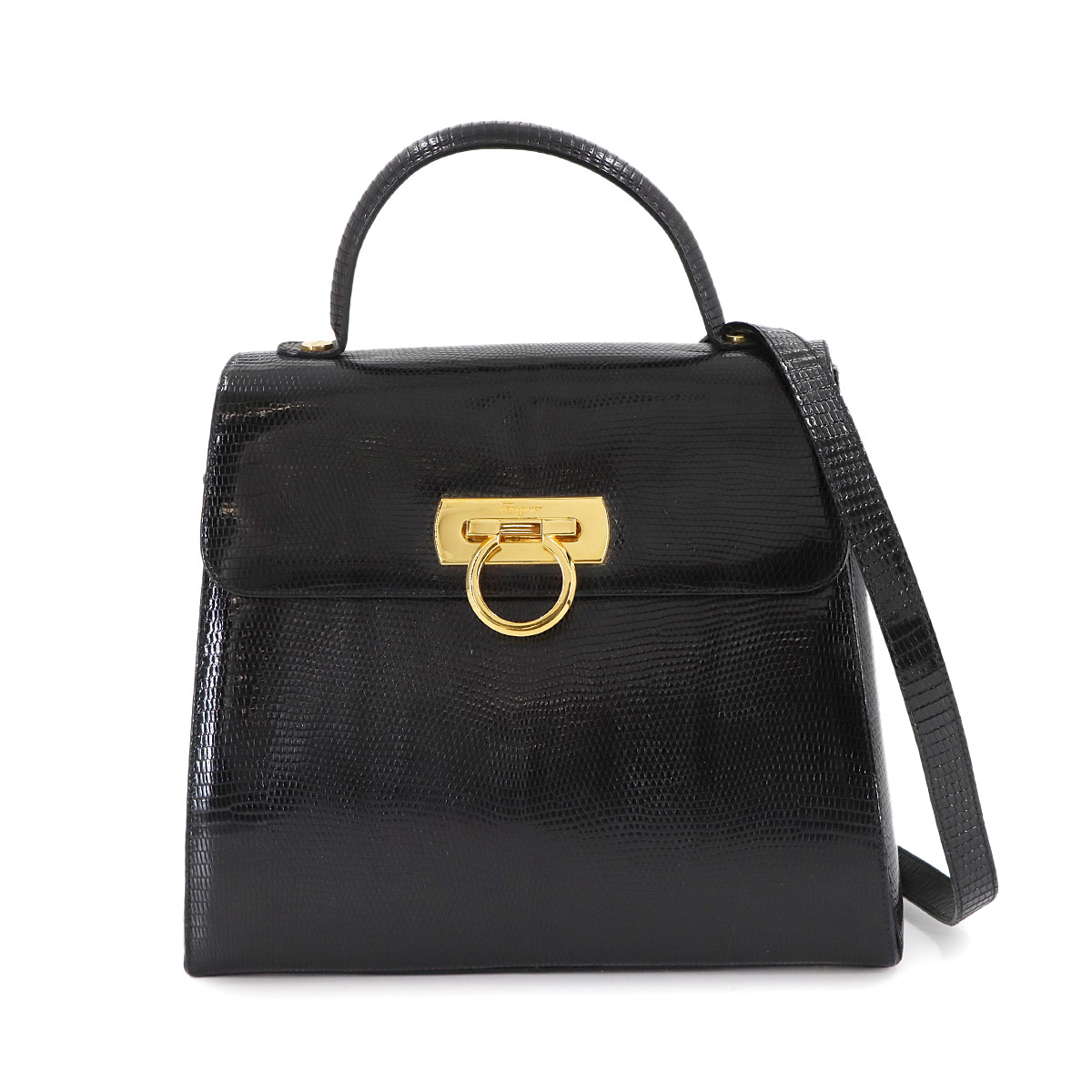 Salvatore Ferragamo ガンチーニ 2way ハンド ショルダー バッグ リザード ブラック E21 0536 Gancini Bag サルヴァトーレ フェラガモ 90308284