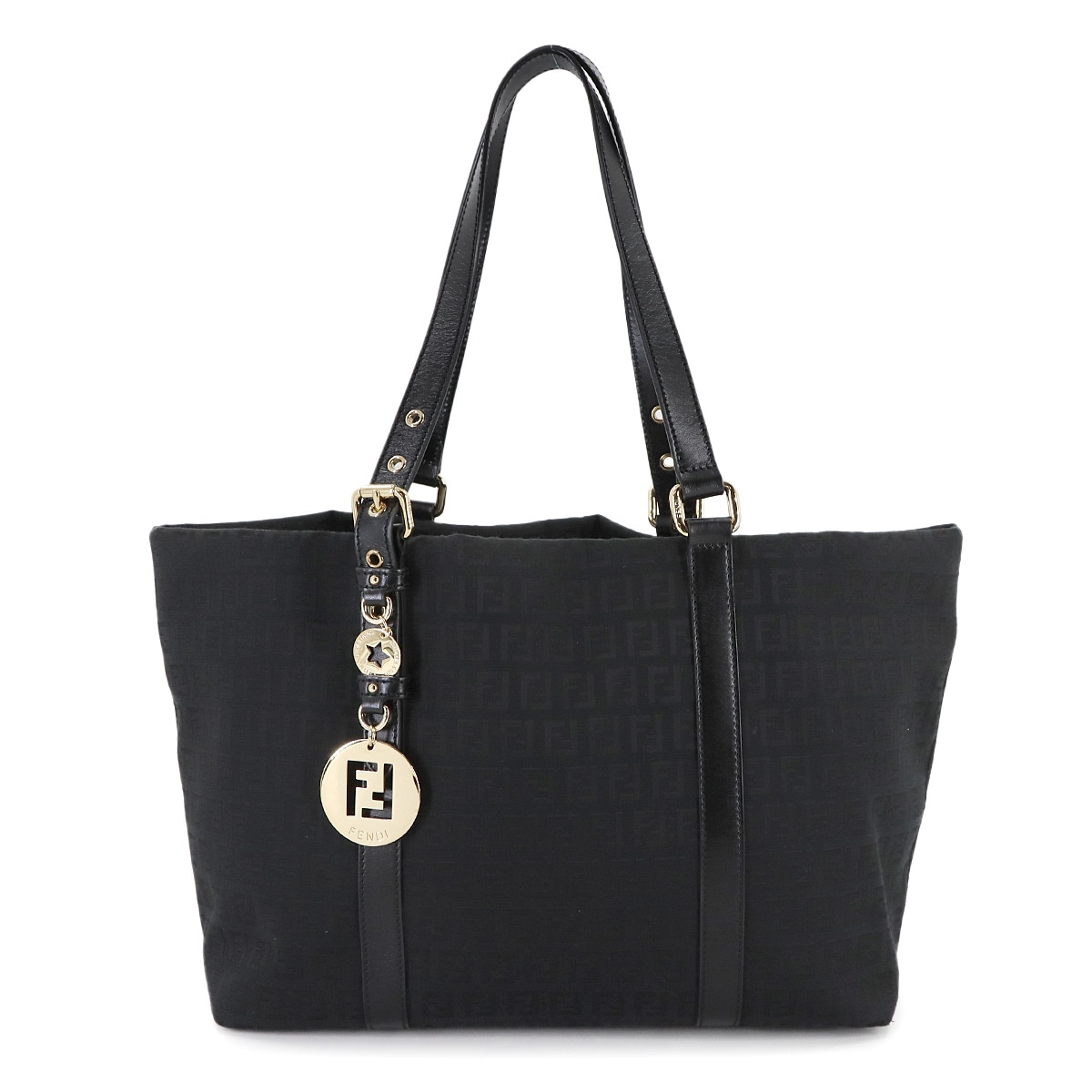 FENDI ズッキーノ トート バッグ キャンバス レザー ブラック 8BH215 ゴールド 金具 Tote Bag フェンディ 90308498