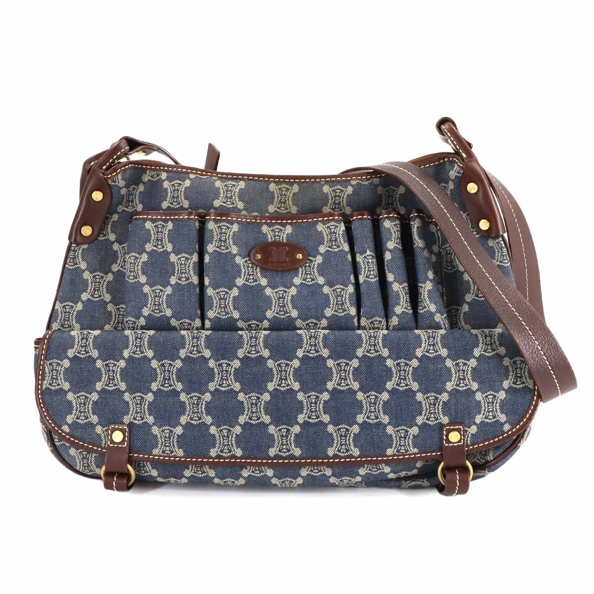 CELINE マカダム ショルダー バッグ デニム レザー ブルー ブラウン ヴィンテージ ゴールド 金具 Macadam Shoulder Bag セリーヌ 90308539