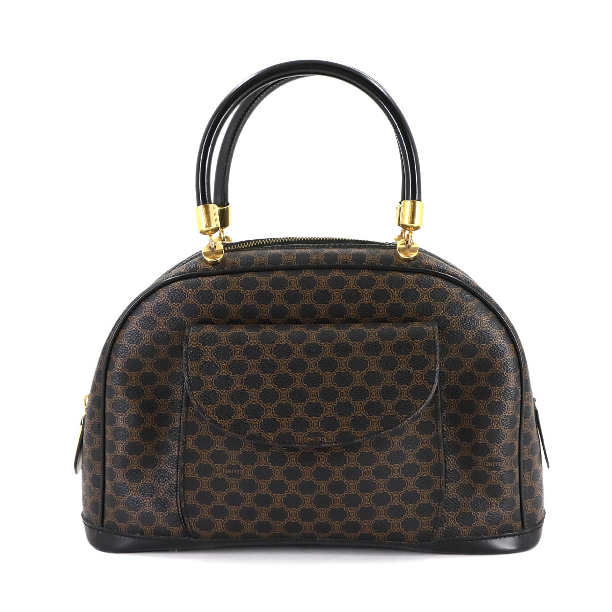 CELINE マカダム ハンド バッグ PVC レザー ブラック ブラウン ゴールド 金具 ヴィンテージ Macadam Hand Bag セリーヌ 90308626