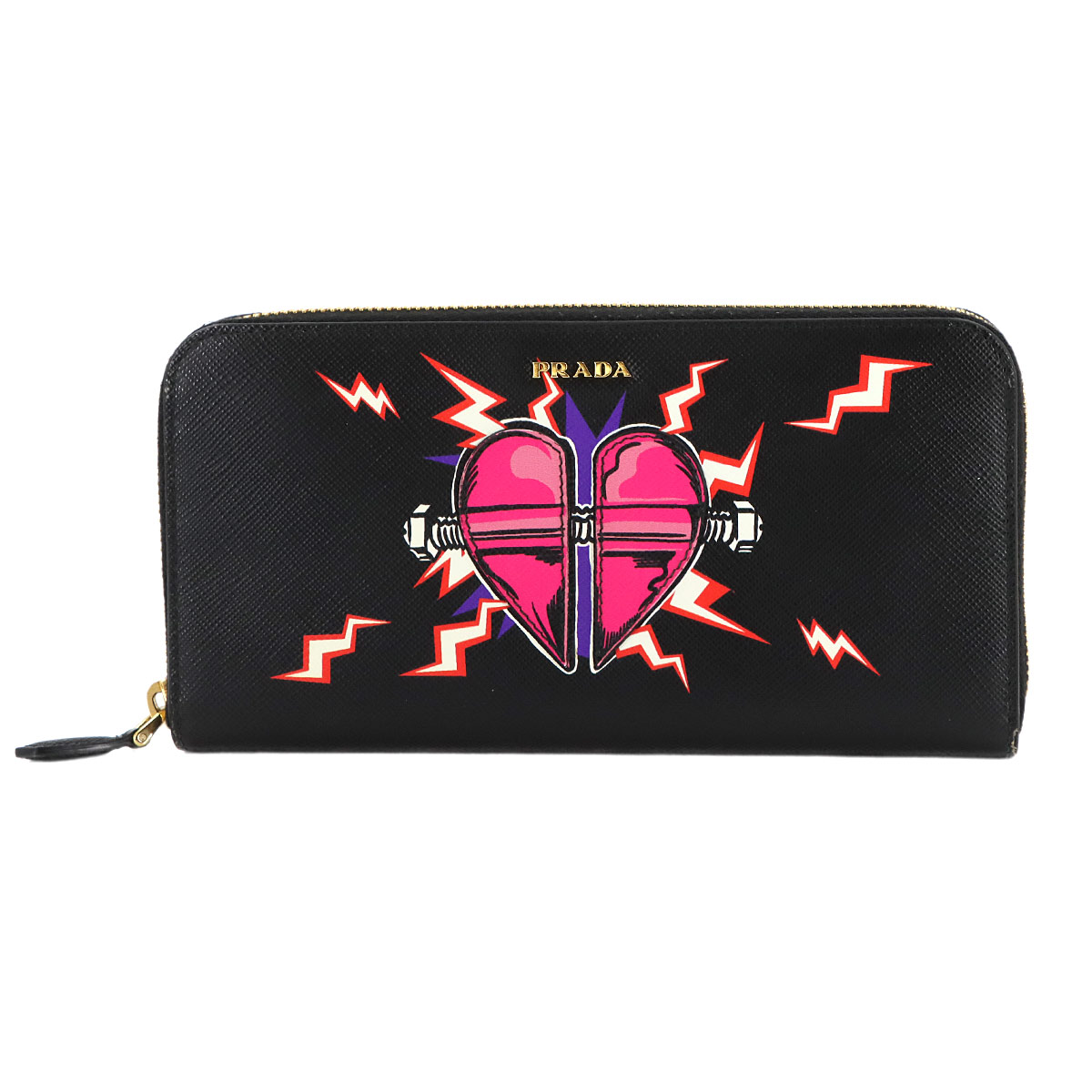 PRADA フランケンハート ラウンドファスナー 長財布 サフィアーノレザー ブラック 1ML506 ゴールド 金具 Long Wallet プラダ 90309336