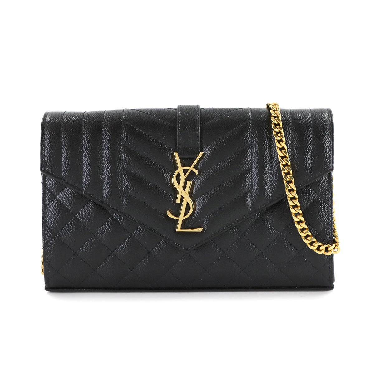 SAINT LAURENT カサンドラ エンベロープ チェーン ウォレット 長財布 レザー ブラック 620280 ゴールド 金具 Cassandre Chain Wallet サンローラン 90309259