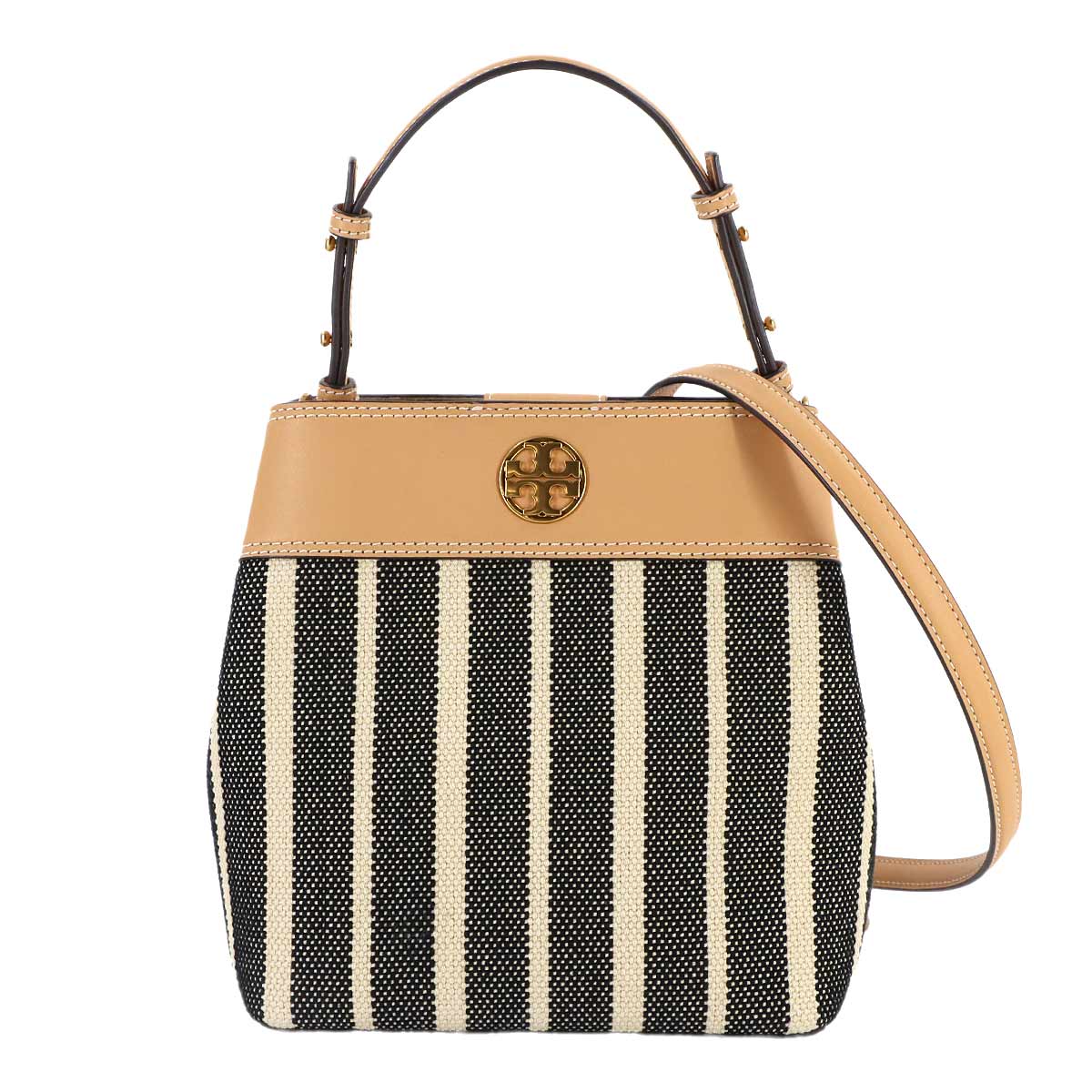 TORY BURCH ストライプ 2way ハンド ショルダー バッグ キャンバス レザー ブラック ベージュ Hand Shoulder Bag トリーバーチ 90309310