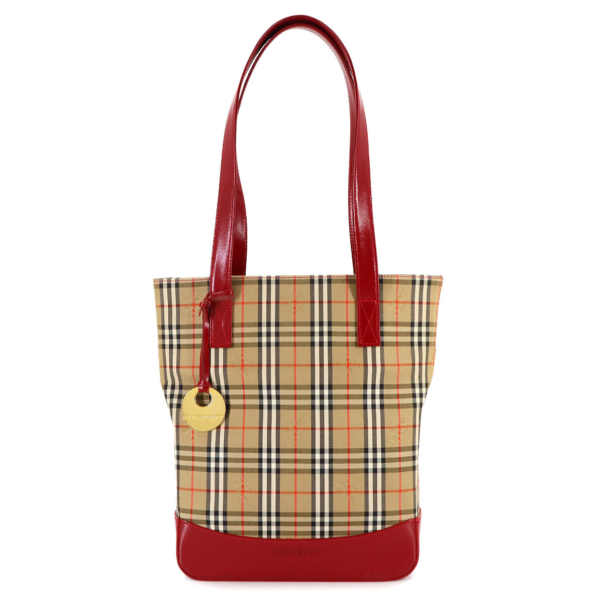 BURBERRY ノバチェック トート バッグ キャンバス レザー ベージュ レッド ゴールド 金具 Tote Bag バーバリー 90309897