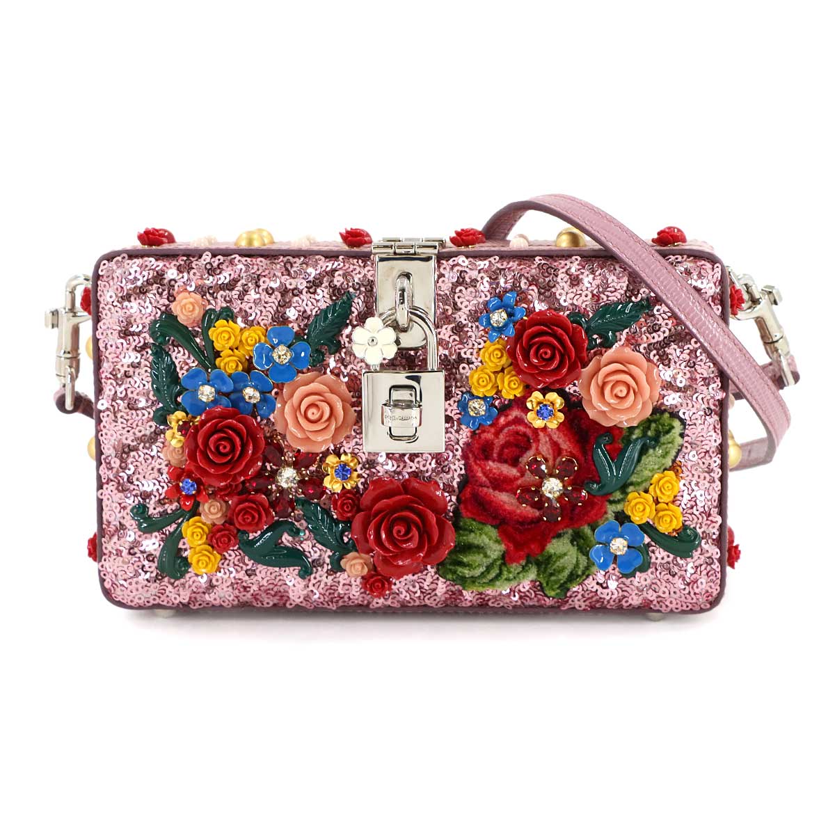 DOLCE&GABBANA フラワー 2way ショルダー クラッチ バッグ レザー スパンコール ピンク マルチカラー シルバー 金具 Shoulder Clutch Bag ドルチェ&ガッバーナ 90312309