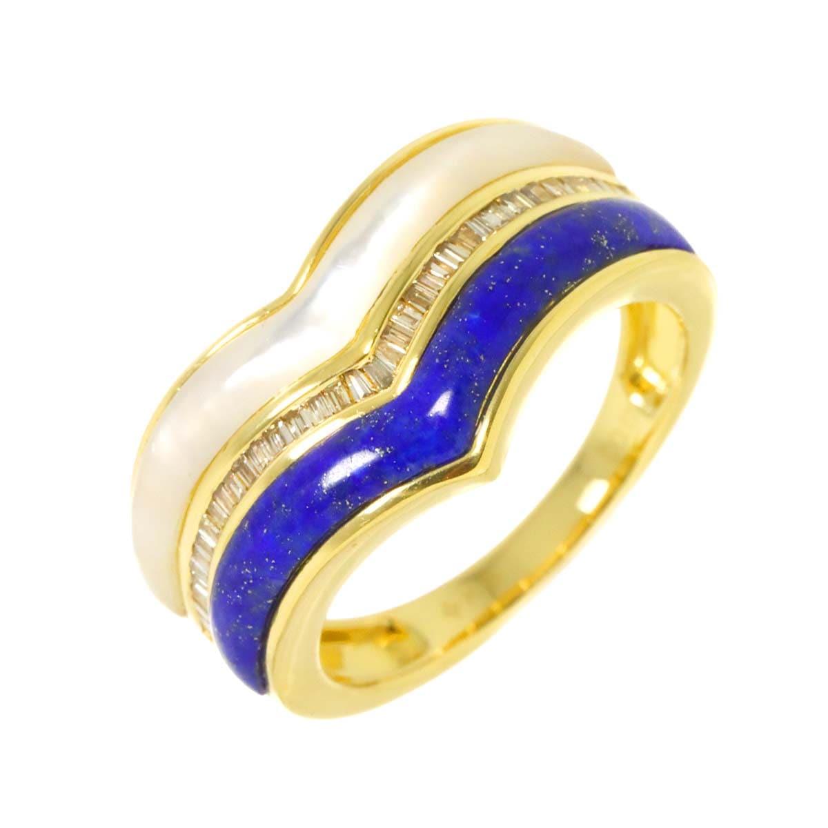 リング 12号 ラピスラズリ シェル ダイヤ 0.17ct K18 YG イエローゴールド 750 指輪 Lapis Lazuli Ring 90307712