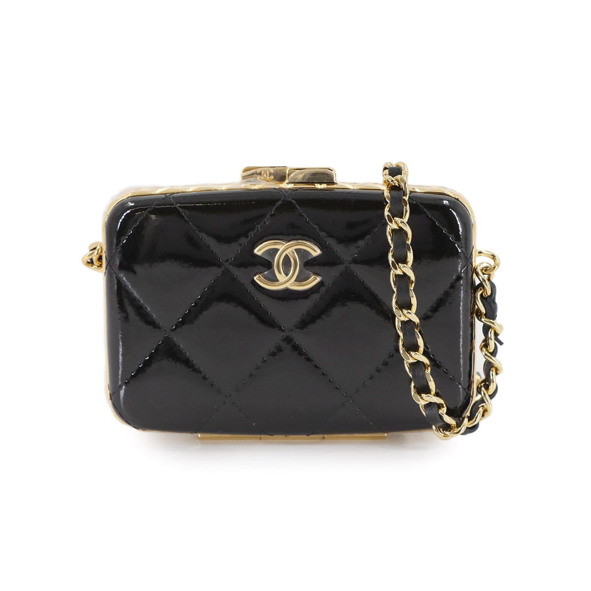 CHANEL マトラッセ がま口 チェーン ショルダー カードケース 名刺入れ エナメル ブラック AP2242 ゴールド 金具 Matelasse Card Case シャネル 90311121