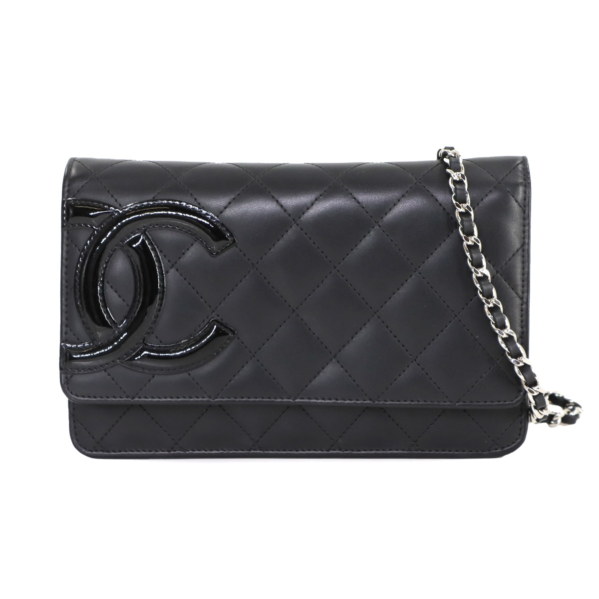 CHANEL カンボンライン チェーン ウォレット 二つ折り 長財布 カーフスキン エナメル ブラック A46646 Cambon Line Chain Wallet シャネル 90311188