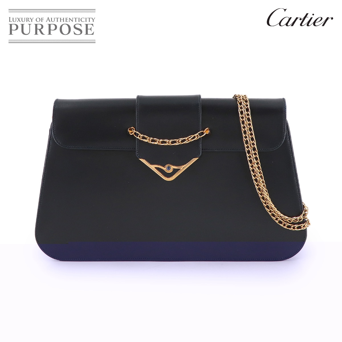 Cartier サファイアライン チェーン ショルダー バッグ レザー ネイビー ゴールド 金具 Sapphire Line Bag カルティエ 90313183