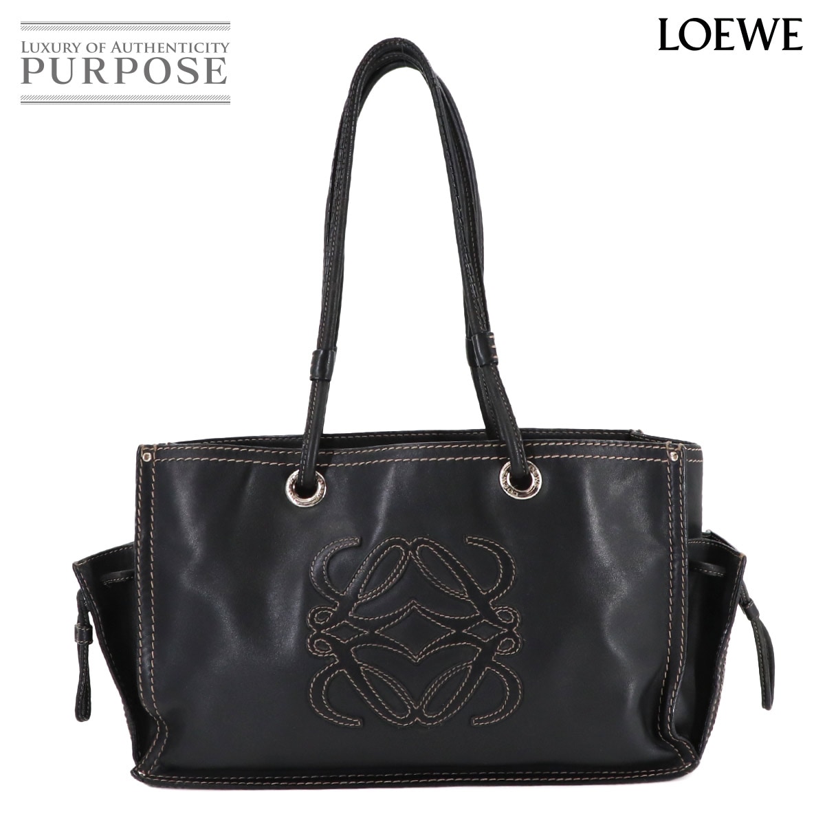 LOEWE アナグラム ロゴ トート バッグ レザー ブラック シルバー 金具 Tote Bag ロエベ 90312043